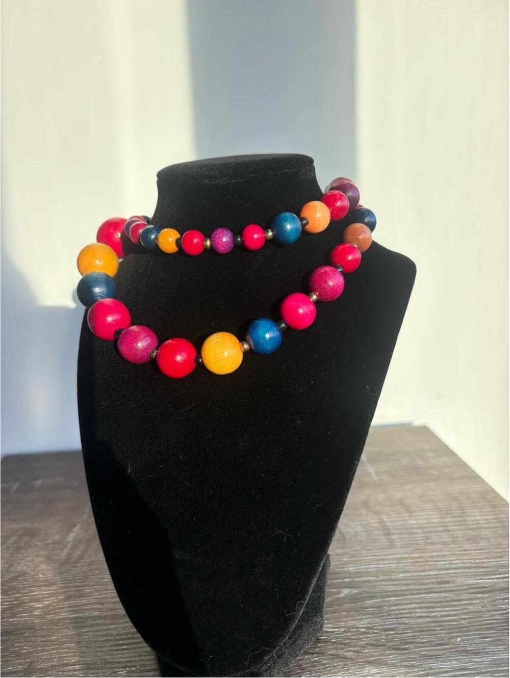 Vintage Colorful Wooden Beaded Necklace and Bracelet Set - Multicolor